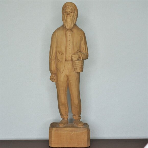 Vintage Hand Carved Wood Sculpture Quebec T. Picard 13" Bearded Man With Basket - Picture 2 of 8